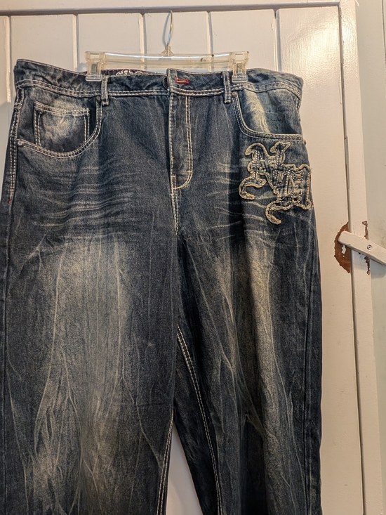 Ninth Hall Fundamentals Denim - Ninth Hall Printed Idle Blue Wash Wide Leg Jeans Zumiez Grunge WOMEN'S 18 NWOT
